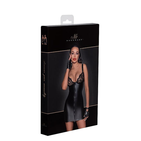 Power Wetlook Mini Dress With Lace Chest and Two Way Zipper Black