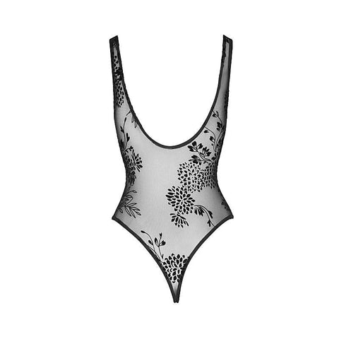 Tulle Bodysuit with Patterned Flock Embroidery