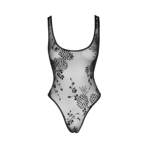 Tulle Bodysuit w/ Patterned Flock Embroidery