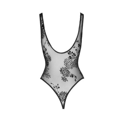 Tulle Bodysuit w/ Patterned Flock Embroidery