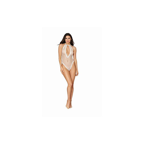 Fishnet Halter Teddy With Stretch Lace Edge Trims
