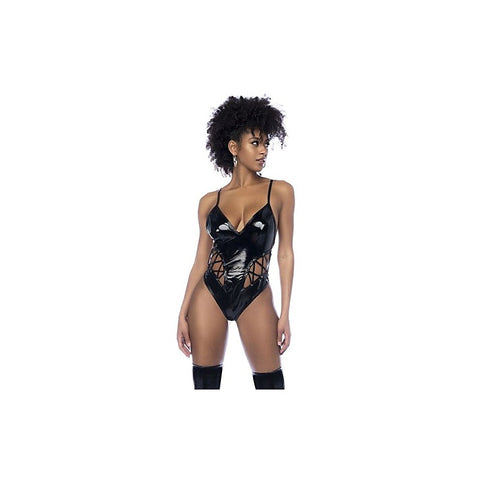 Wet Look Vinyl Bodysuit with Lace-up Eyelet Details