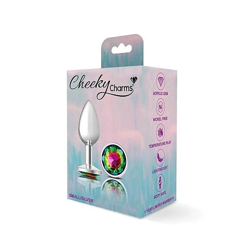 Cheeky Charms Silver Round Butt Plug with Rainbow Jewel