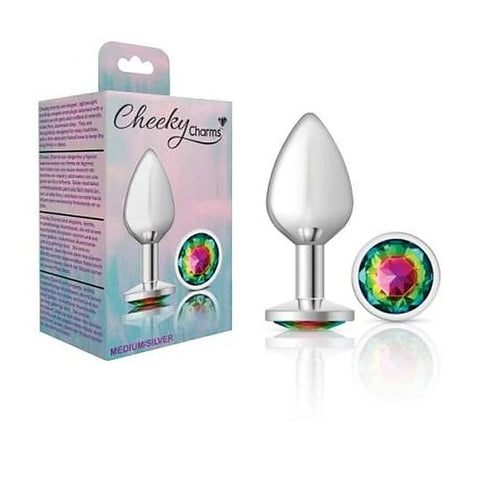 Cheeky Charms Silver Round Butt Plug with Rainbow Jewel