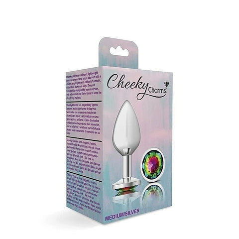 Cheeky Charms Silver Round Butt Plug with Rainbow Jewel