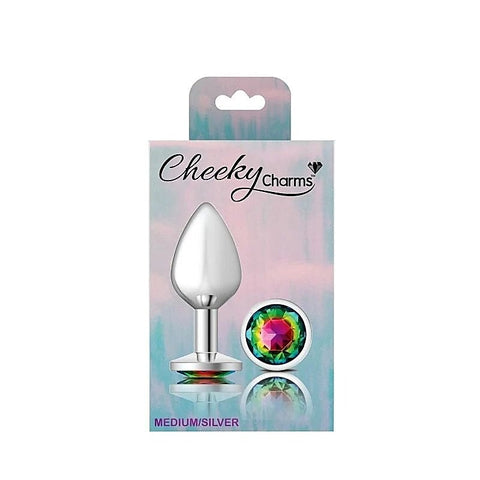 Cheeky Charms Silver Round Butt Plug with Rainbow Jewel