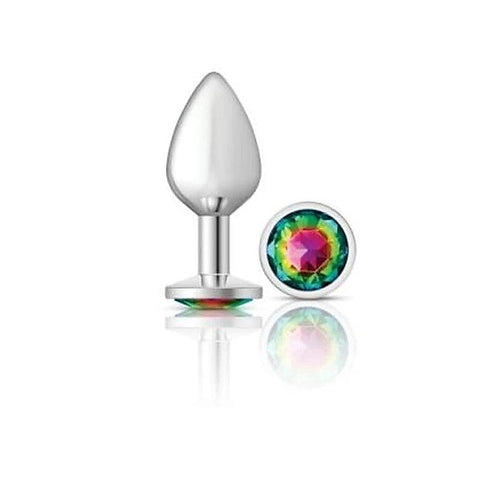 Cheeky Charms Silver Round Butt Plug with Rainbow Jewel