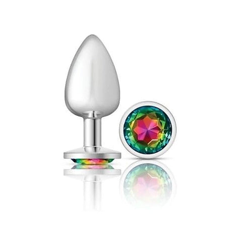 Cheeky Charms Silver Round Butt Plug with Rainbow Jewel