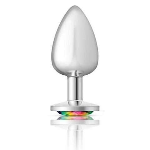Cheeky Charms Silver Round Butt Plug with Rainbow Jewel