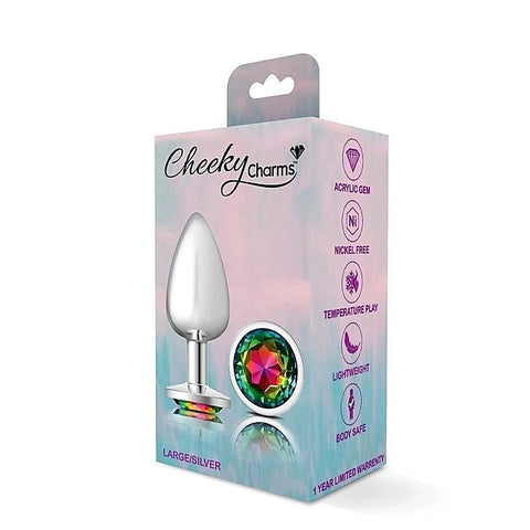 Cheeky Charms Silver Round Butt Plug with Rainbow Jewel