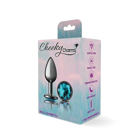 Cheeky Charms Gunmetal Round Butt Plug With Teal Jewel