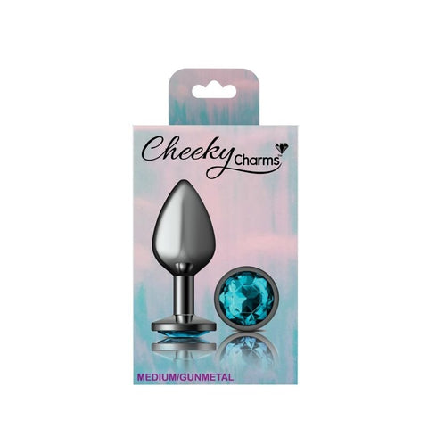 Cheeky Charms Gunmetal Round Butt Plug w/ Jewel Teal