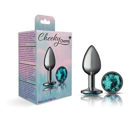 Cheeky Charms Gunmetal Round Butt Plug With Teal Jewel