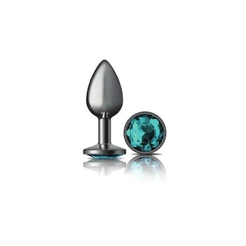 Cheeky Charms Gunmetal Round Butt Plug With Teal Jewel