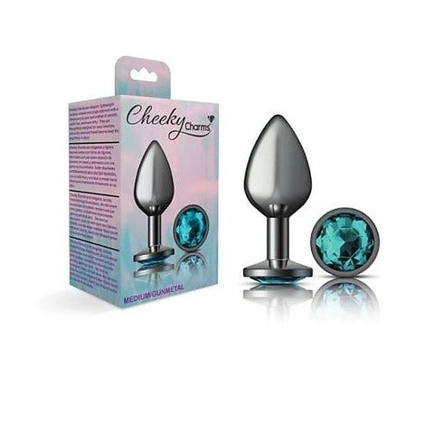 Cheeky Charms Gunmetal Round Butt Plug With Teal Jewel