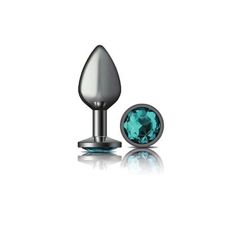 Cheeky Charms Gunmetal Round Butt Plug With Teal Jewel