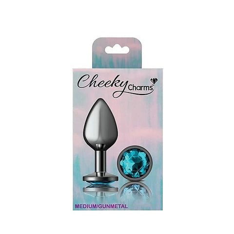 Cheeky Charms Gunmetal Round Butt Plug With Teal Jewel