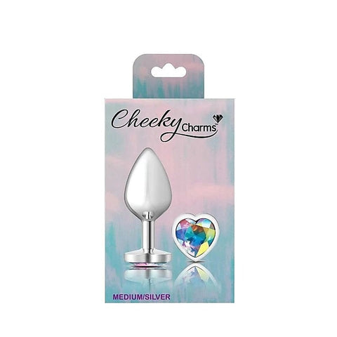 Cheeky Charms Silver Metal Anal Plug with Heart Clear Jewel