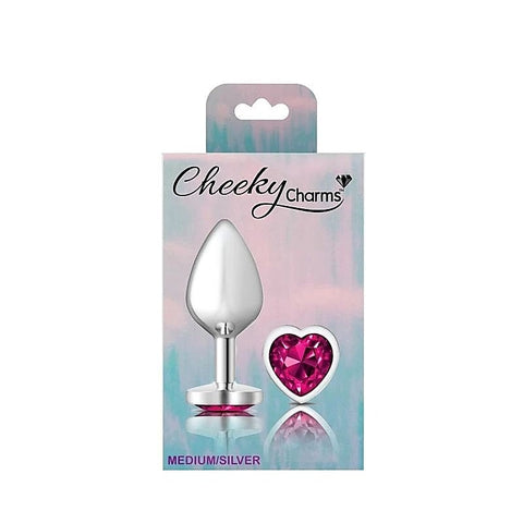 Cheeky Charms Silver Metal Butt Plug With Heart Pink Jewel