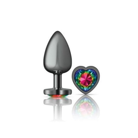 Cheeky Charms Gunmetal Butt Plug w/ Heart Jewel Rainbow