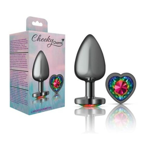 Cheeky Charms Gunmetal Butt Plug w/ Heart Jewel Rainbow