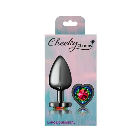 Cheeky Charms Gunmetal Butt Plug w/ Heart Jewel Rainbow