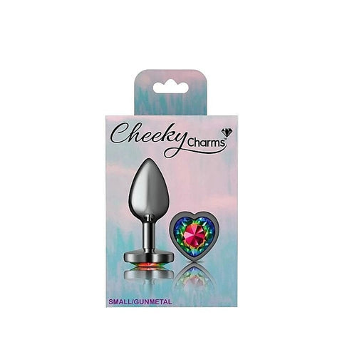 Cheeky Charms Gunmetal Butt Plug with Heart Rainbow Jewel