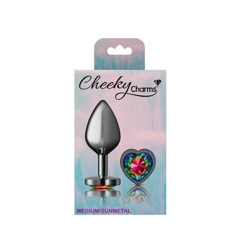 Cheeky Charms Gunmetal Butt Plug w/ Heart Jewel Rainbow