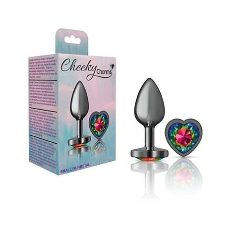 Cheeky Charms Gunmetal Butt Plug with Heart Rainbow Jewel