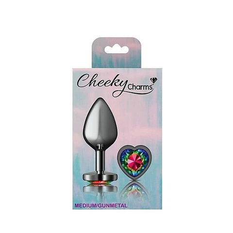 Cheeky Charms Gunmetal Butt Plug with Heart Rainbow Jewel