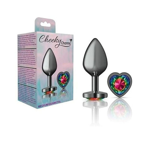 Cheeky Charms Gunmetal Butt Plug with Heart Rainbow Jewel