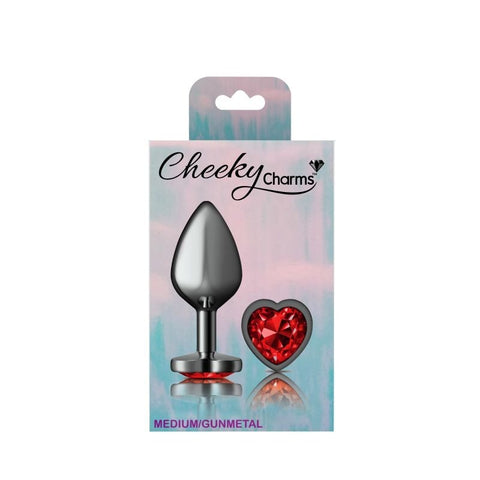 Cheeky Charms Gunmetal Butt Plug w/ Heart Jewel Red