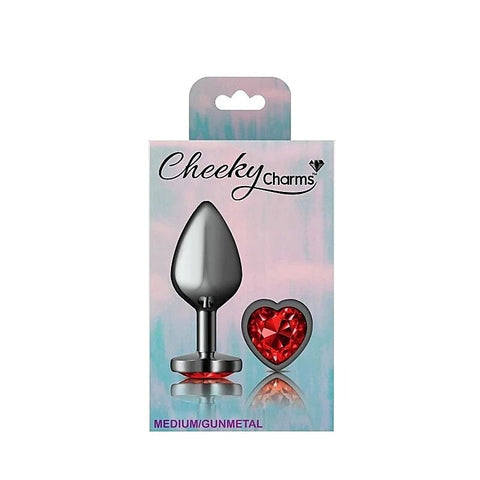 Cheeky Charms Gunmetal Anal Plug with Heart Red Jewel
