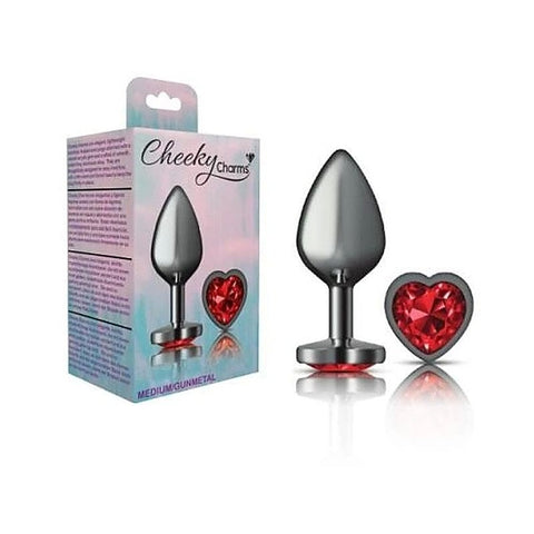 Cheeky Charms Gunmetal Anal Plug with Heart Red Jewel