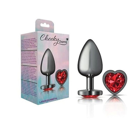 Cheeky Charms Gunmetal Anal Plug with Heart Red Jewel