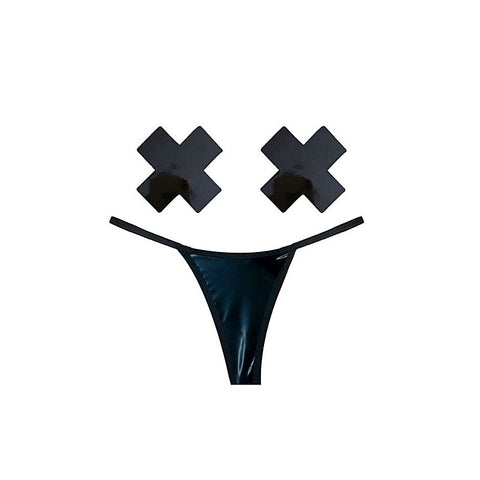 Dom Squad Black Wet Vinyl Pastie & G String Set by Neva Nude