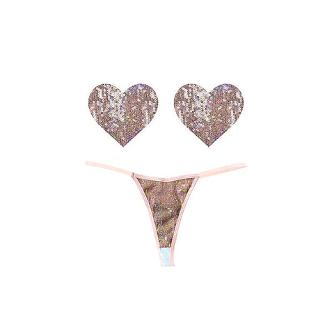 Bubbly Feels Nude Sequin Pantie & Heart Shapes Pastie Set