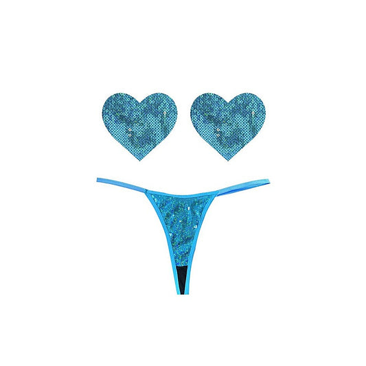 Mahi Mahi Blue Sequin G String & Heart Shapes Pastie Set