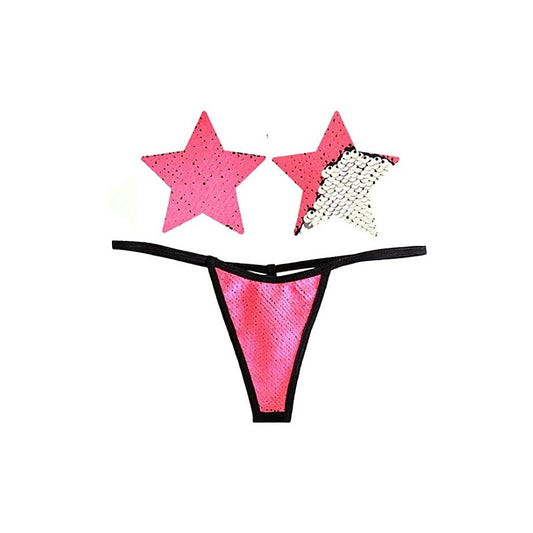 Bitchin Neon Pink & Silver Blacklight Sequin Pastie & Panty