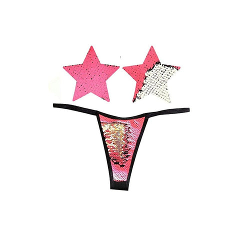 Bitchin Neon Pink & Silver Blacklight Sequin Pastie & Panty