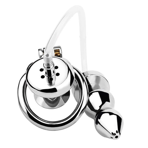 Stainless Steel Male Chastity Cage With Enema Butt Plug