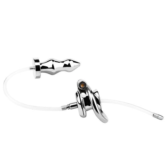 Stainless Steel Male Chastity Cage With Enema Butt Plug
