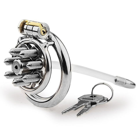 Spikes Flat Chastity Cock Cage With Urethral Sound