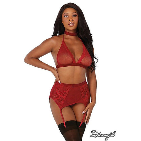 Fishnet and Lace Bra Garter Belt and G-String Set