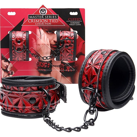 Master Series Crimson Tied Embossed BDSM Play Wrist Cuffs