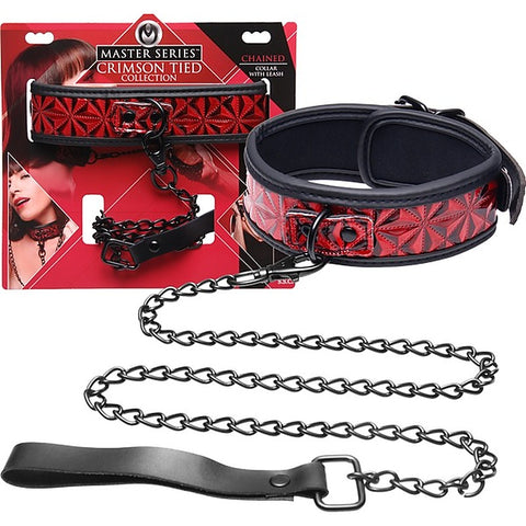 Master Series Crimson Tied Bondage Collar With Leash