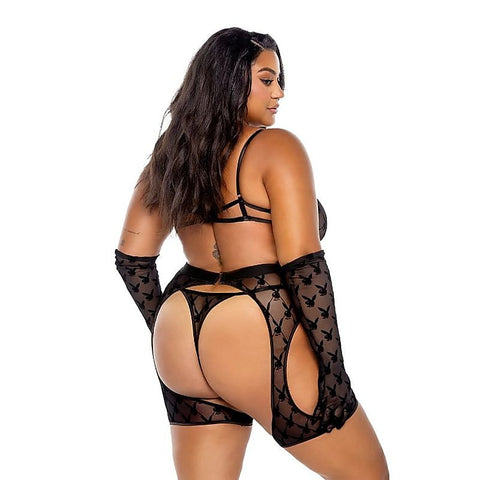 Flocked Bunny Chaps 3 Piece Lingerie Set by Playboy Lingerie