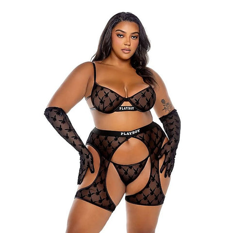Flocked Bunny Chaps 3 Piece Lingerie Set by Playboy Lingerie