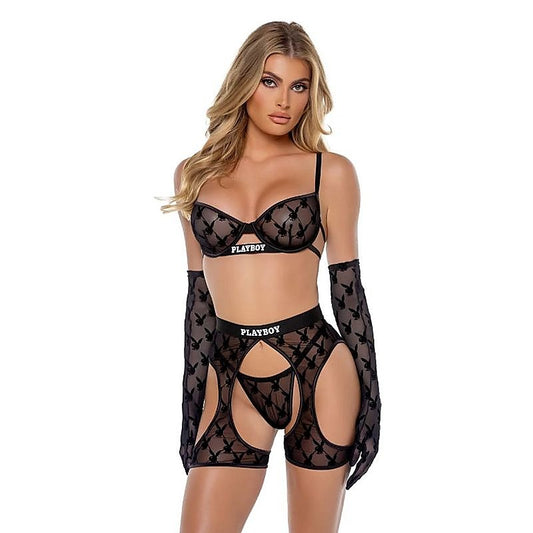 Flocked Bunny Chaps 3 Piece Lingerie Set by Playboy Lingerie