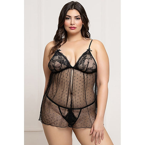 2 Piece Lace and Dot Mesh Babydoll Set